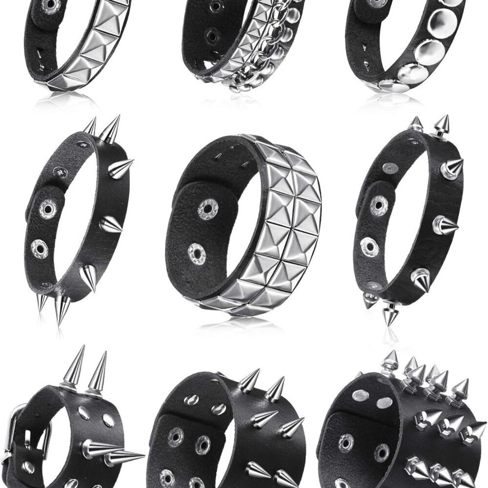 9 pcs Punk Leather Bracelets Rivet Cuff Bangle Set for Men Women
